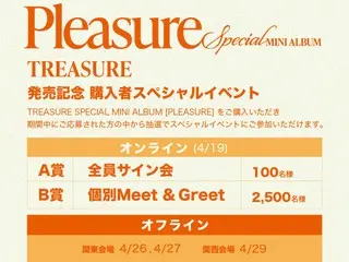 TREASURE SPECIAL MINI ALBUM [PLEASURE]のリリース記念をした購入者スペシャルイベントがオフライン(東京/大阪)・オンラインで開催決定!!