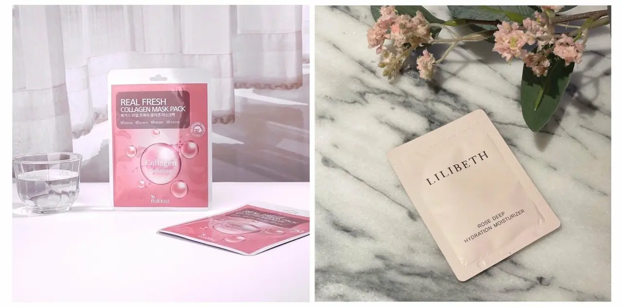 〈右〉Rokkiss リアルフレッシュ コラーゲンマスクパック 〈左〉LILIBETH ローズディープハイドレーションモイスチャライザー ミニサイズ